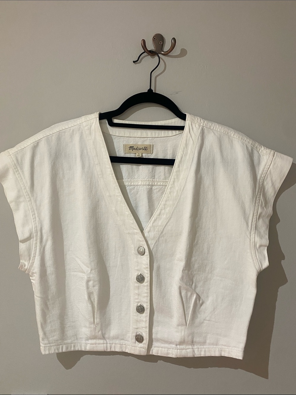 Madewell 100% Cotton White Button-Front Cropped V-Neck Top
